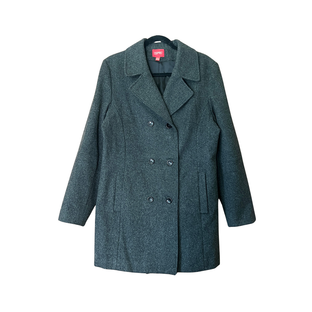 Esprit Womens Double Breasted Wool Pea Coat L Gray Classic Preppy Minimalist